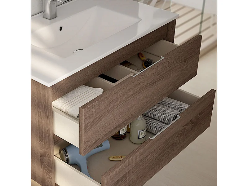 Meuble de salle de bain simple vasque - 3 tiroirs - TIRIS 3C et miroir rond Led SOLEN - britannia (chêne foncé) - 80cm