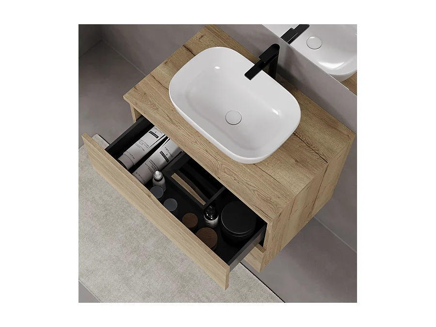 Meuble de salle de bain 80cm avec plateau et vasque à poser zeus - 2 tiroirs - sans miroir - madera miel (chêne clair) - LUNA
