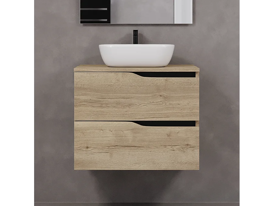 Meuble de salle de bain 80cm avec plateau et vasque à poser zeus - 2 tiroirs - sans miroir - madera miel (chêne clair) - LUNA