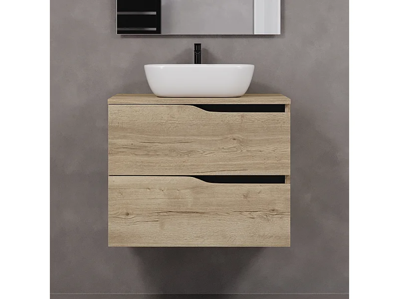 Meuble de salle de bain 80cm avec plateau et vasque à poser zeus - 2 tiroirs - sans miroir - madera miel (chêne clair) - LUNA