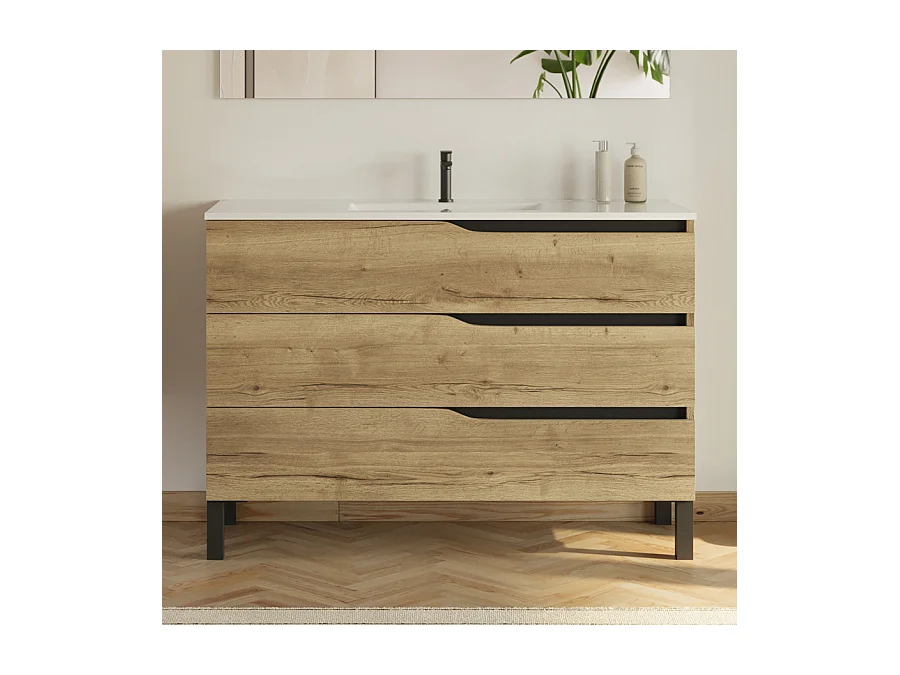 Meuble de salle de bain 120cm simple vasque - sans miroir - 3 tiroirs - madera miel (bois clair) - MATA