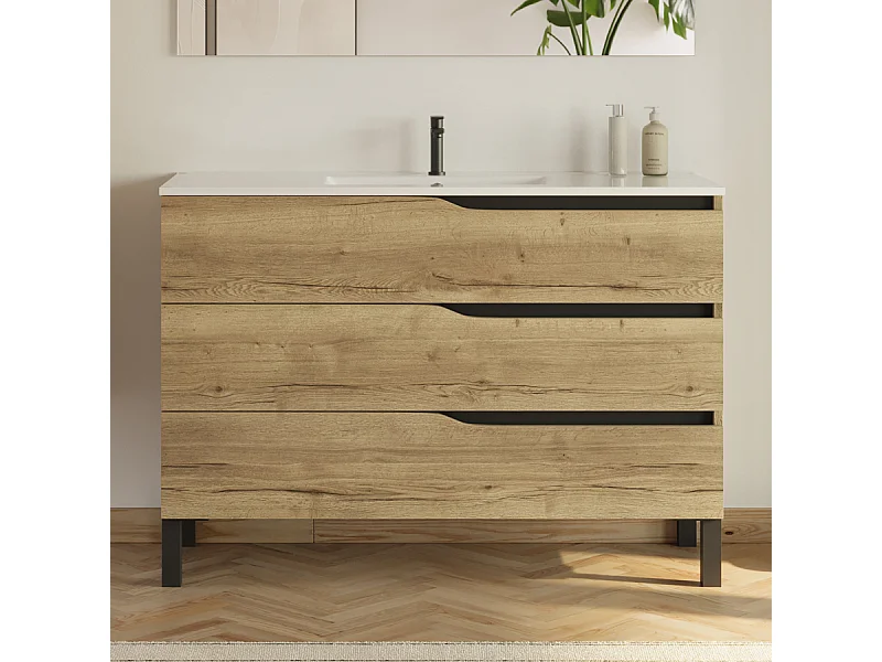 Meuble de salle de bain 120cm simple vasque - sans miroir - 3 tiroirs - madera miel (bois clair) - MATA
