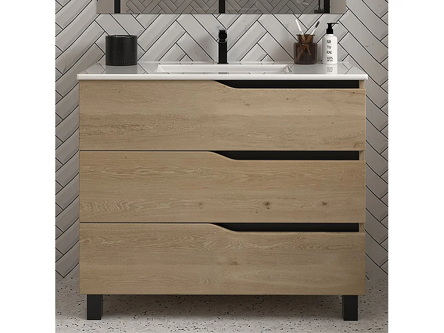 Meuble de salle de bain 70cm simple vasque - 3 tiroirs - madera miel (bois clair) - MATA