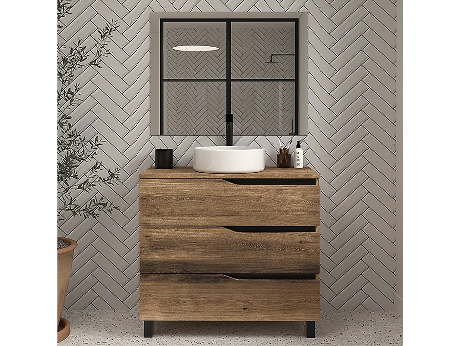 Meuble de salle de bain 60 avec plateau et vasque à poser - 3 tiroirs - tabaco (bois foncé) - MATA
