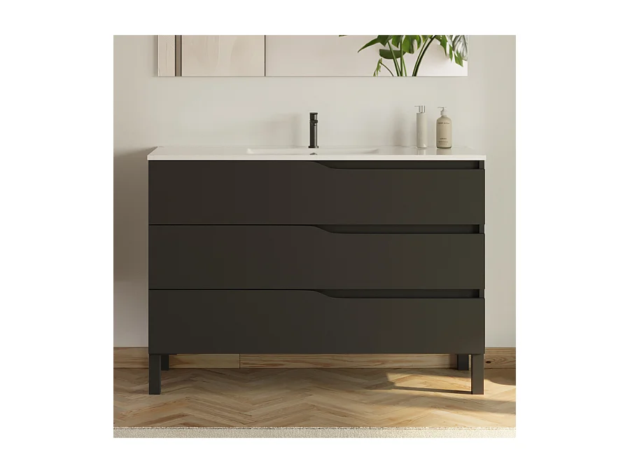 Meuble de salle de bain 120cm simple vasque - sans miroir - 3 tiroirs - noir - MATA