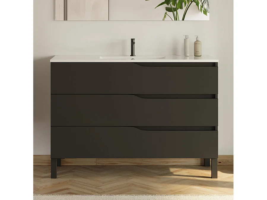Meuble de salle de bain 120cm simple vasque - sans miroir - 3 tiroirs - noir - MATA