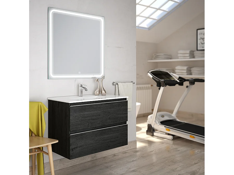 Meuble de salle de bain simple vasque - 2 tiroirs - BALEA et miroir Led VELDI - ebony (bois noir) - 60cm