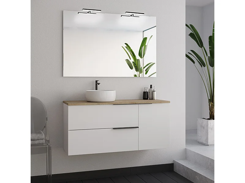 Meuble de salle de bain 100cm avec vasque à poser ronde et miroir avec appliques - blanc - KING