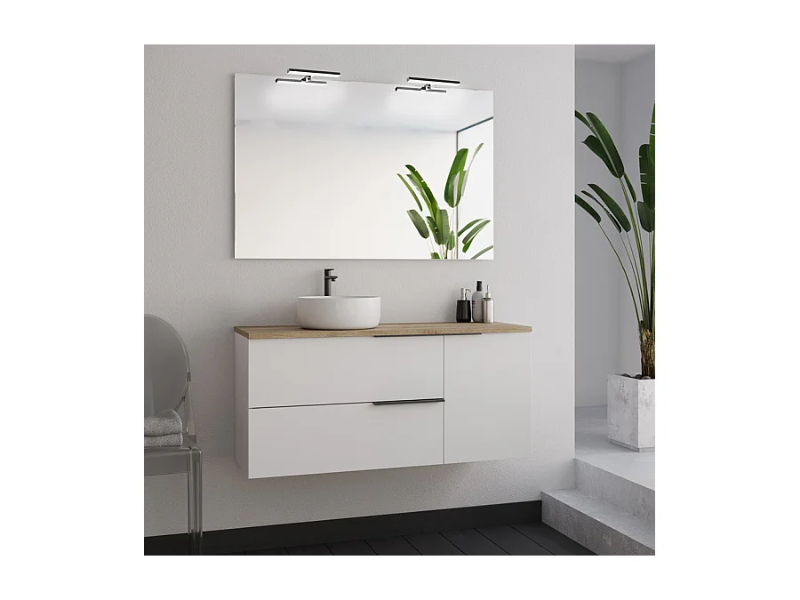 Meuble de salle de bain 100cm avec vasque à poser ronde et miroir avec appliques - blanc - KING