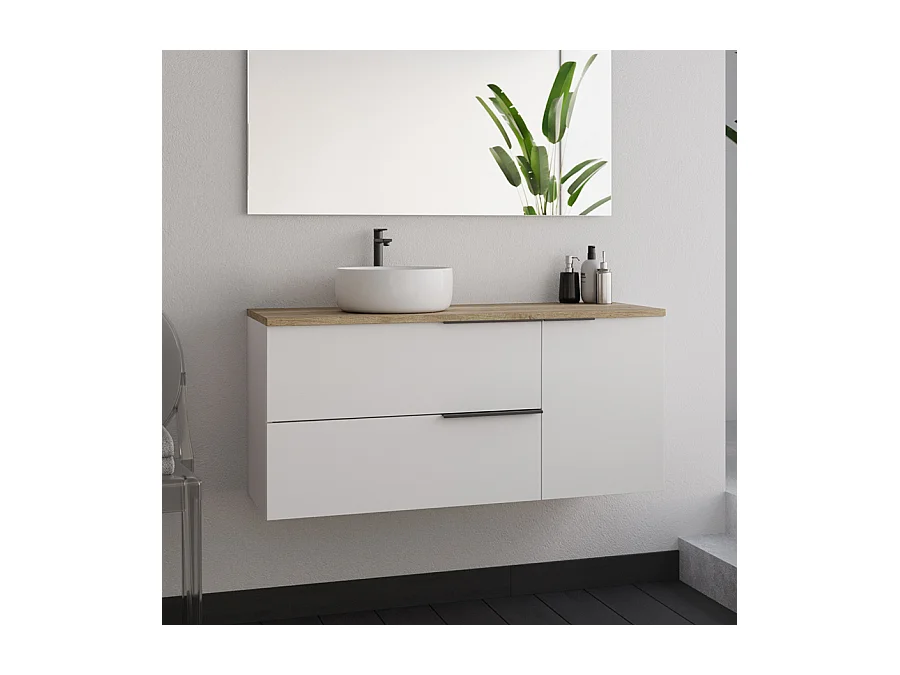 Meuble de salle de bain 100cm avec vasque à poser ronde et miroir avec appliques - blanc - KING