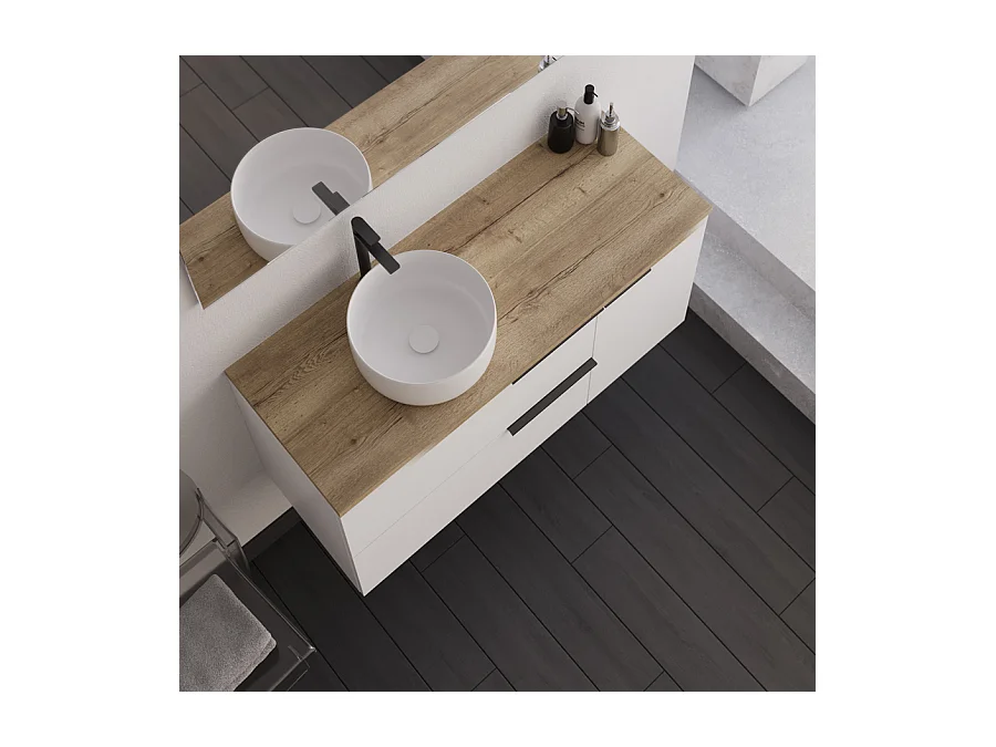 Meuble de salle de bain 100cm avec vasque à poser ronde et miroir avec appliques - blanc - KING