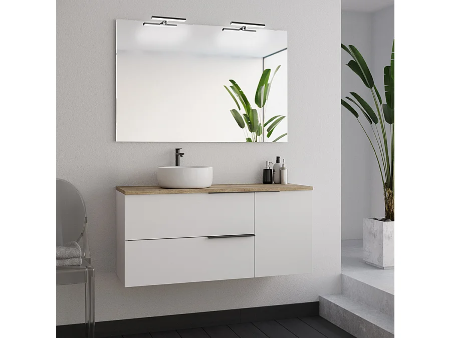 Meuble de salle de bain 100cm avec vasque à poser ronde et miroir avec appliques - blanc - KING