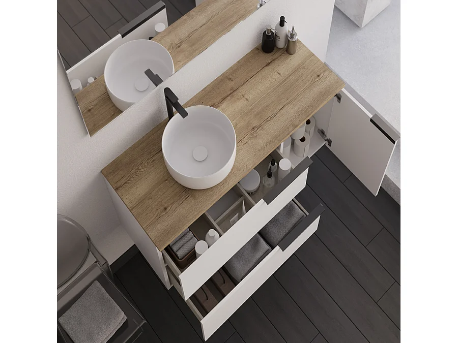 Meuble de salle de bain 100cm avec vasque à poser ronde et miroir avec appliques - blanc - KING