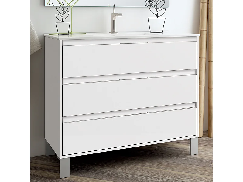 Meuble de salle de bain 100cm simple vasque - 3 tiroirs - sans miroir -  TIRIS 3C - blanc