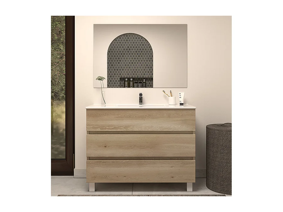 Meuble de salle de bain 100cm simple vasque - 3 tiroirs - nebraska (bois clair) - MAYOR
