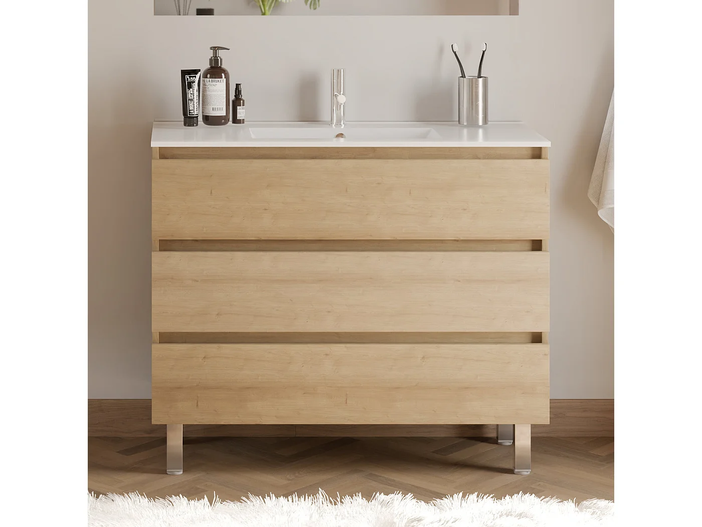 Meuble de salle de bain 100cm simple vasque - 3 tiroirs - nebraska (bois clair) - MAYOR