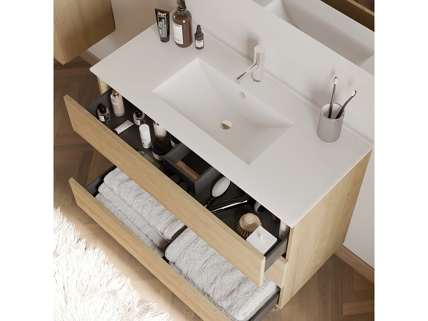 Meuble de salle de bain 100cm simple vasque - 3 tiroirs - nebraska (bois clair) - MAYOR