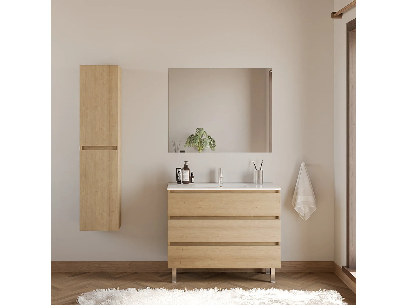 Meuble de salle de bain 100cm simple vasque - 3 tiroirs - nebraska (bois clair) - MAYOR