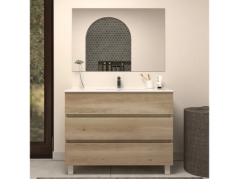 Meuble de salle de bain 100cm simple vasque - 3 tiroirs - nebraska (bois clair) - MAYOR
