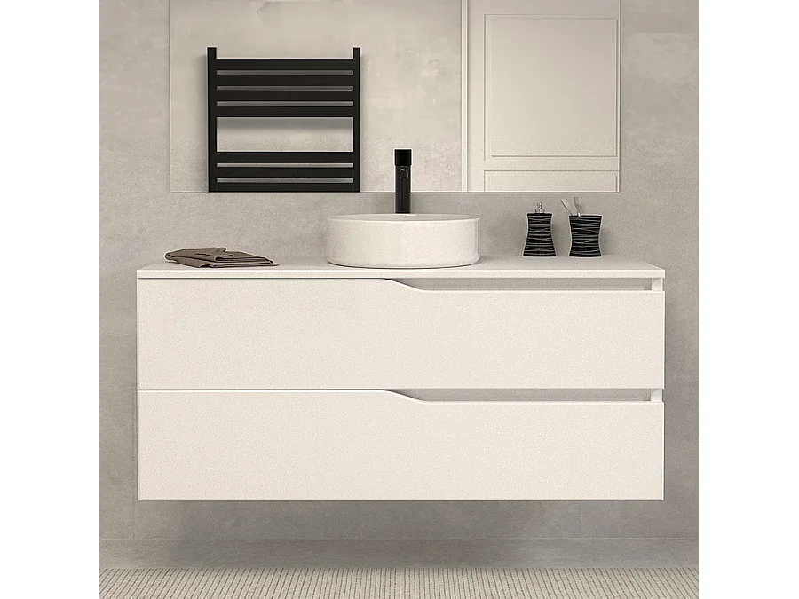Meuble de salle de bain 120 avec plateau et vasque à poser - sans miroir - 2 tiroirs - blanc - LUNA