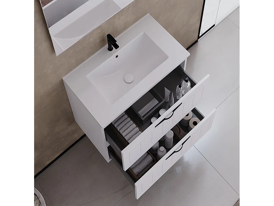 Meuble de salle de bain 60cm simple vasque - 2 tiroirs - sans miroir - blanc - PIA