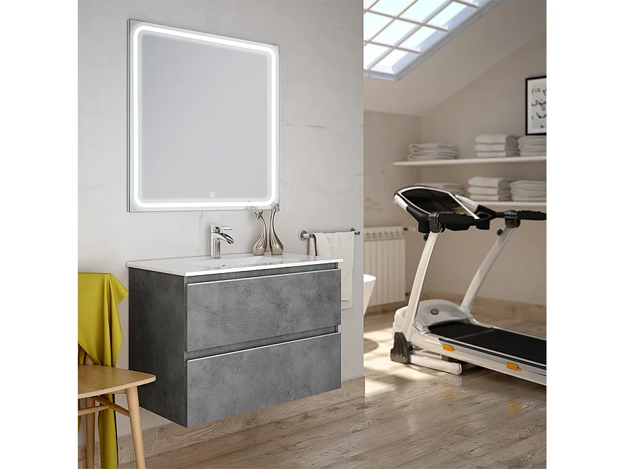 Meuble de salle de bain simple vasque - 2 tiroirs - BALEA et miroir Led VELDI - ciment (gris) - 60cm