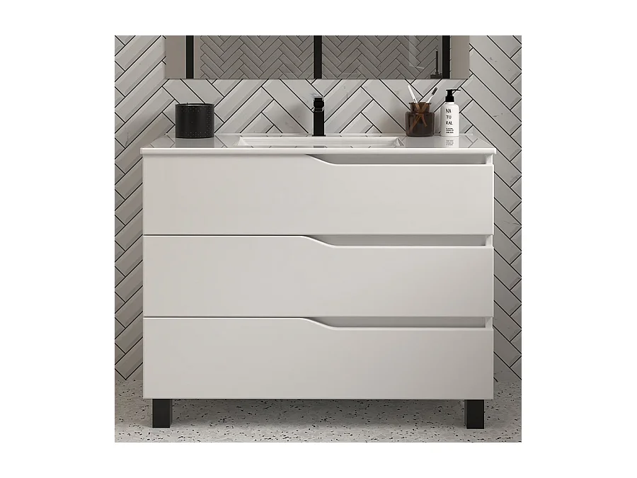 Meuble de salle de bain 90cm simple vasque - 3 tiroirs - sans miroir - blanc - MATA