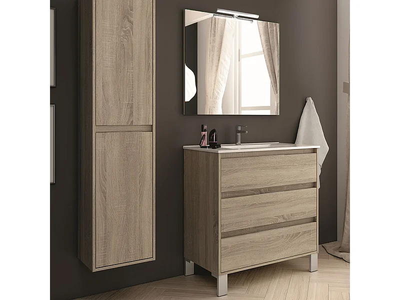 Meuble de salle de bain 80cm simple vasque - 3 tiroirs - TIRIS 3C - cambrian (chêne)