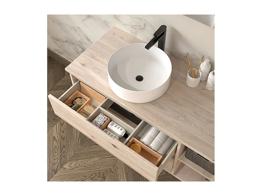 Meuble de salle de bain OLYMPE avec vasque à poser ronde et miroir avec appliques - Cambrian (chêne) - 120cm