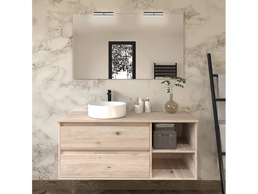 Meuble de salle de bain OLYMPE avec vasque à poser ronde et miroir avec appliques - Cambrian (chêne) - 120cm