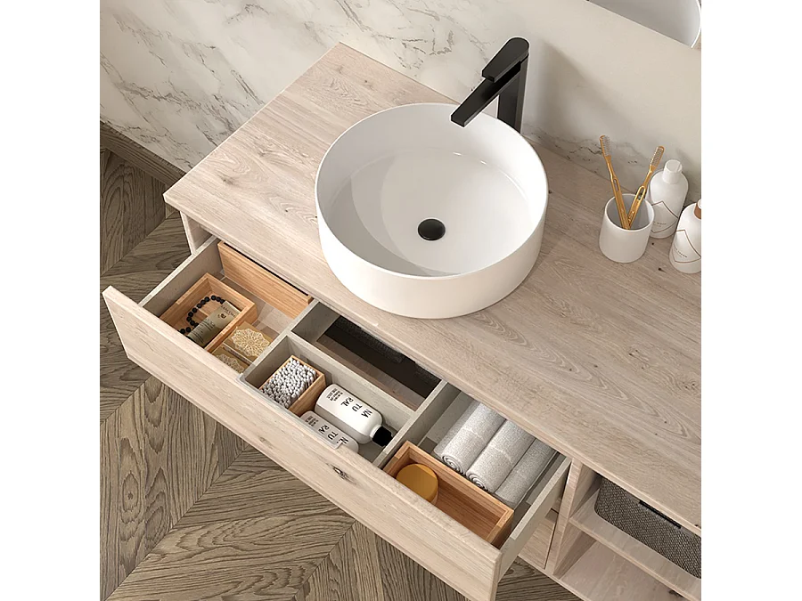 Meuble de salle de bain OLYMPE avec vasque à poser ronde et miroir avec appliques - Cambrian (chêne) - 120cm