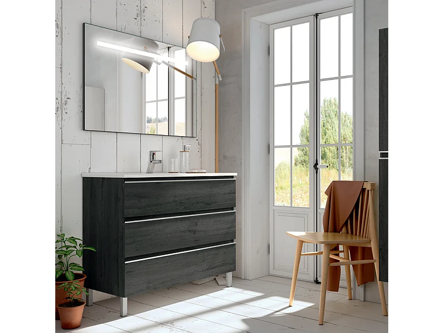 Meuble de salle de bain simple vasque - 3 tiroirs - PALMA et miroir Led STAM - ebony (bois noir) - 80cm