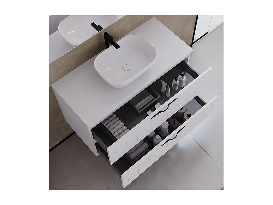 Meuble de salle de bain 90cm avec plateau et vasque à poser ovale - 2 tiroirs - sans miroir - blanc - PIA
