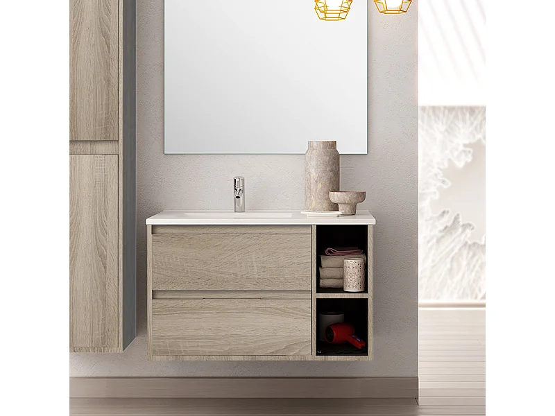 Meuble de salle de bain 80cm vasque déportée - 2 tiroirs et 2 niches - OLYMPE - cambrian (chêne)