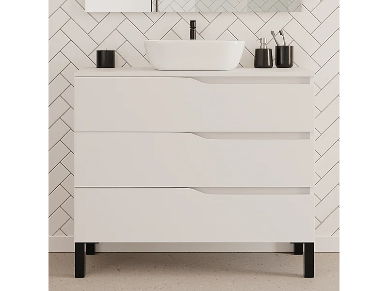 Meuble de salle de bain 100cm avec plateau et vasque à poser zeus - 3 tiroirs - sans miroir - blanc - MATA