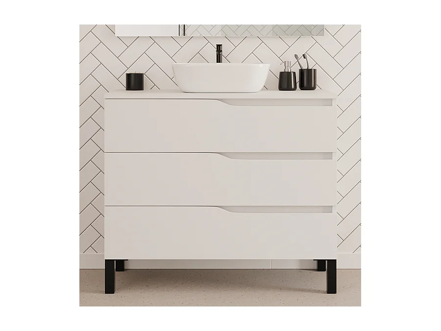 Meuble de salle de bain 100cm avec plateau et vasque à poser zeus - 3 tiroirs - sans miroir - blanc - MATA