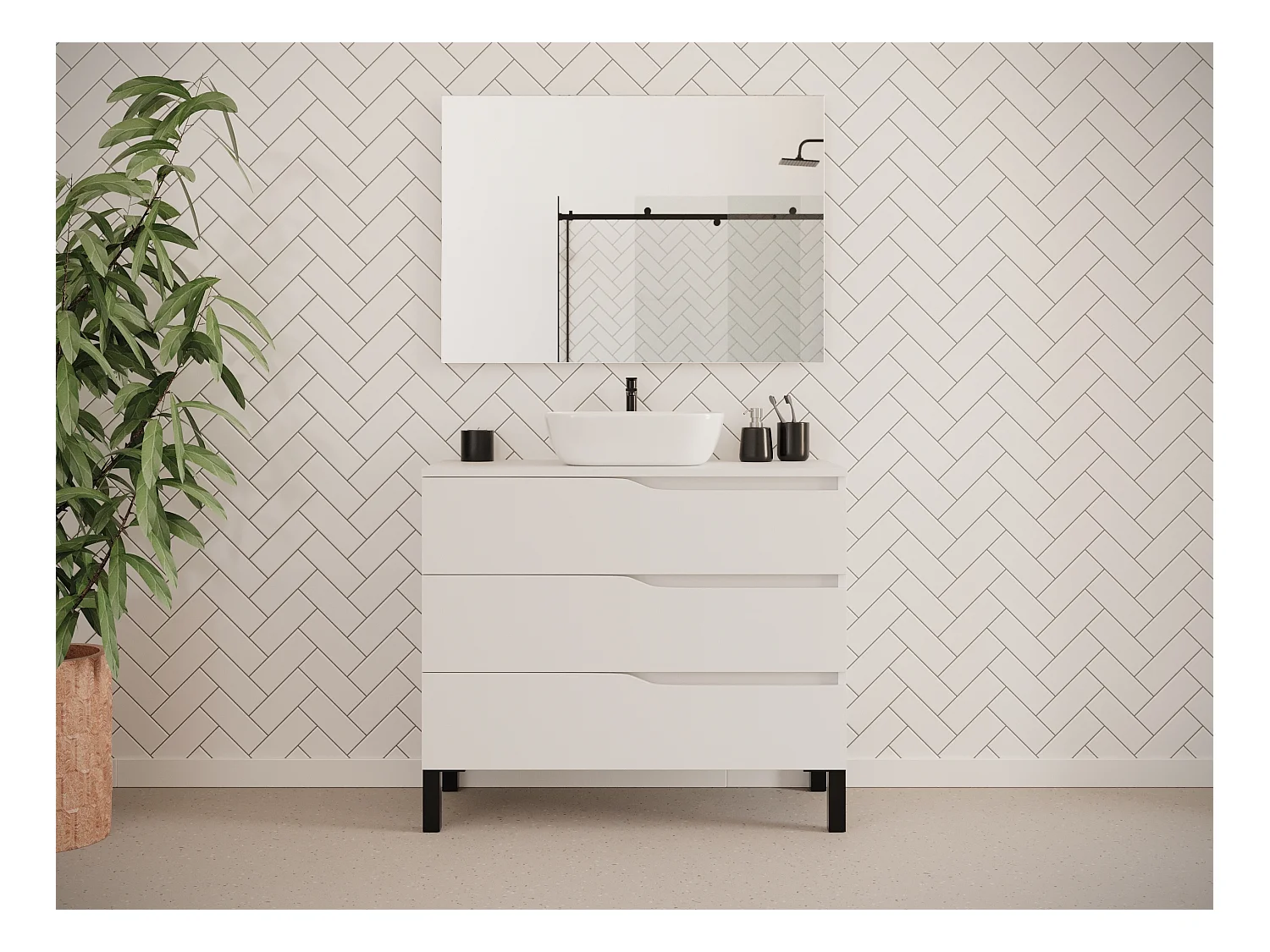 Meuble de salle de bain 100cm avec plateau et vasque à poser zeus - 3 tiroirs - sans miroir - blanc - MATA