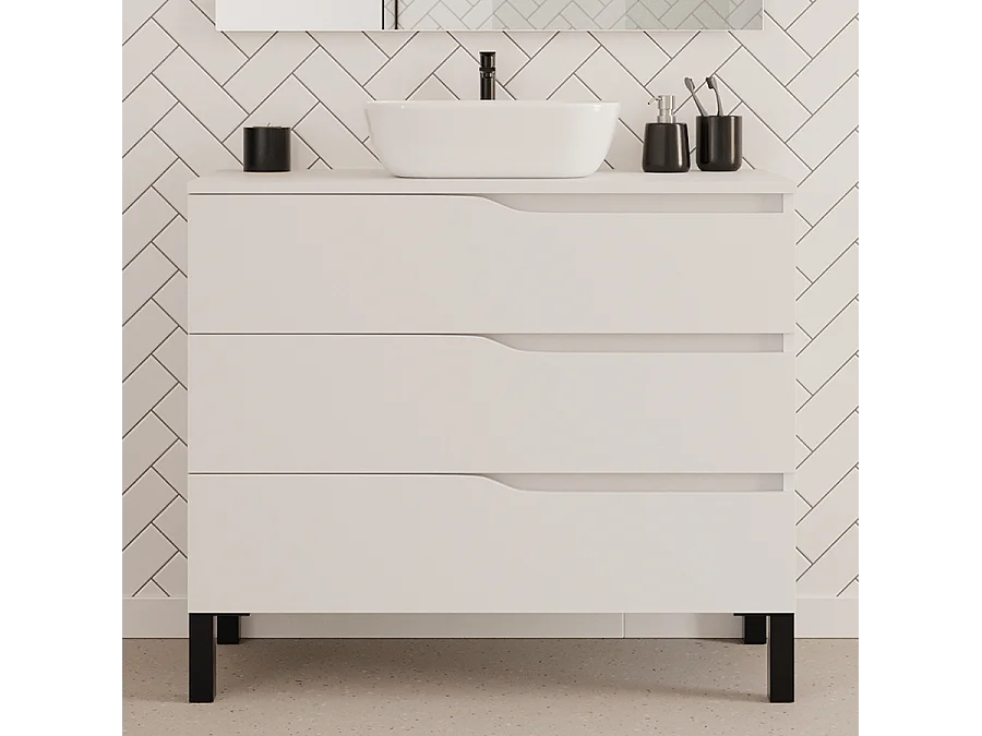 Meuble de salle de bain 100cm avec plateau et vasque à poser zeus - 3 tiroirs - sans miroir - blanc - MATA