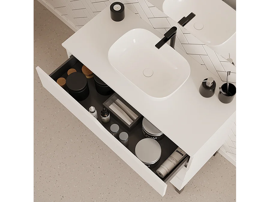 Meuble de salle de bain 100cm avec plateau et vasque à poser zeus - 3 tiroirs - sans miroir - blanc - MATA
