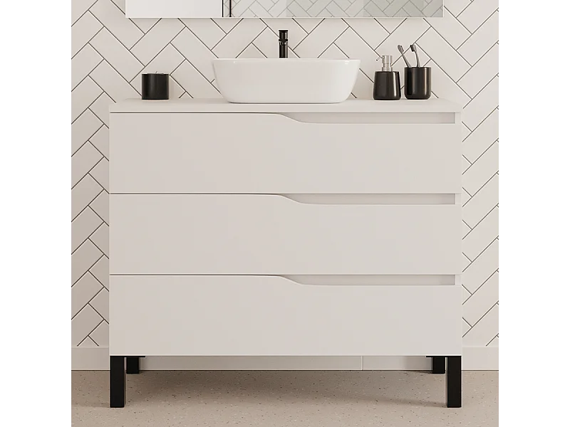 Meuble de salle de bain 100cm avec plateau et vasque à poser zeus - 3 tiroirs - sans miroir - blanc - MATA