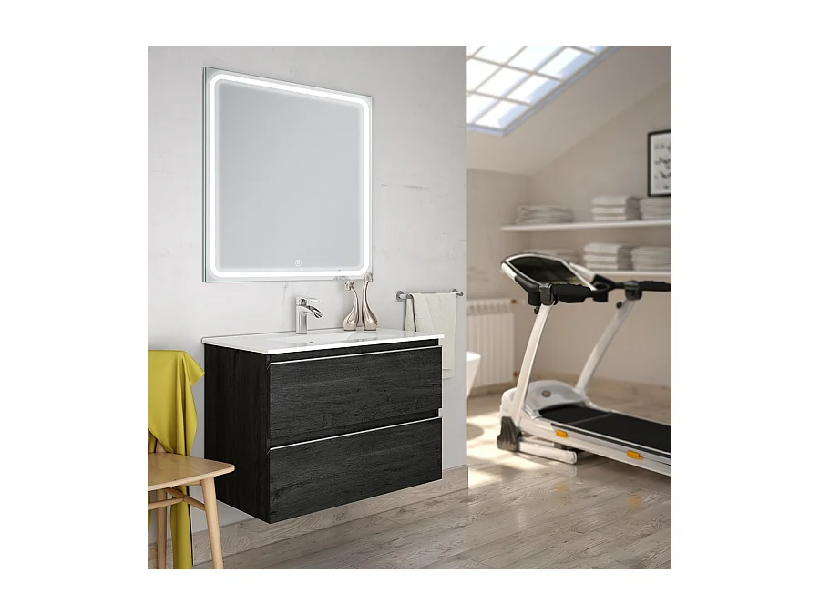Meuble de salle de bain simple vasque - 2 tiroirs - BALEA et miroir Led VELDI - ebony (bois noir) - 80cm