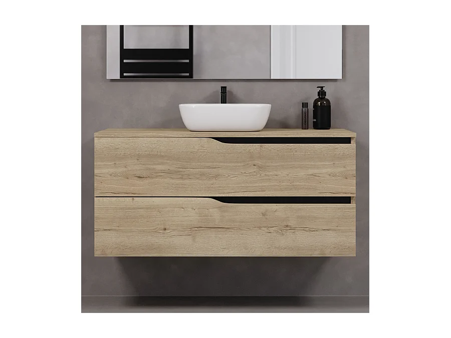 Meuble de salle de bain 120cm avec plateau et vasque à poser zeus - 2 tiroirs - sans miroir - madera miel (chêne clair) - LUNA