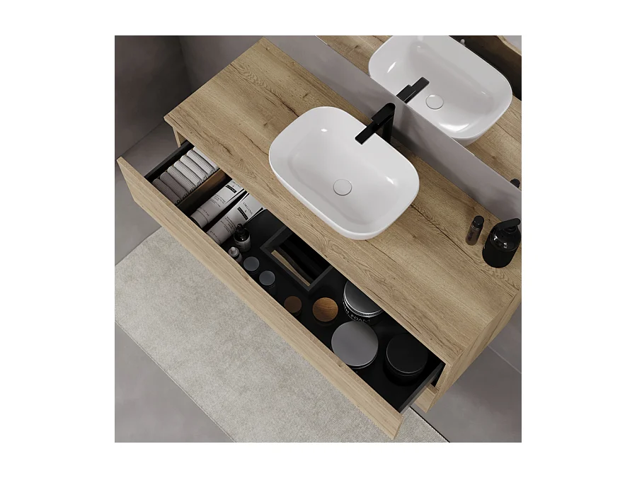 Meuble de salle de bain 120cm avec plateau et vasque à poser zeus - 2 tiroirs - sans miroir - madera miel (chêne clair) - LUNA