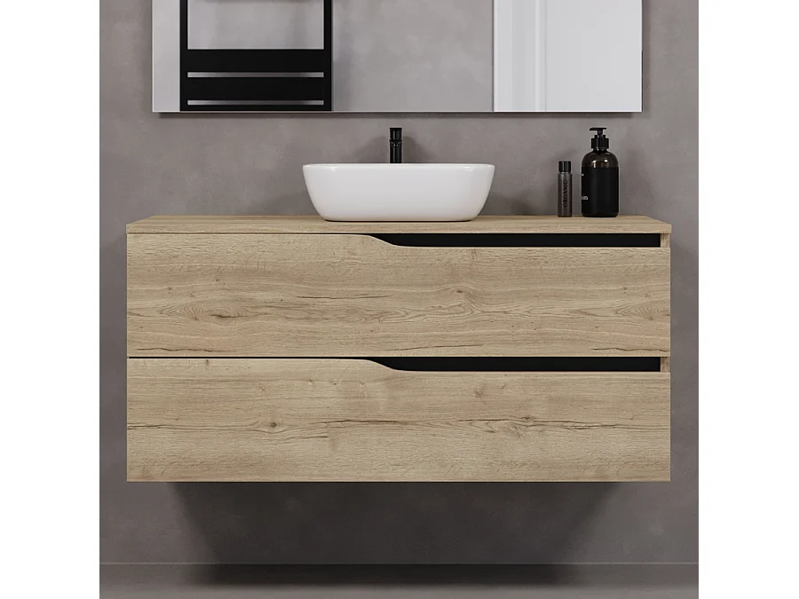 Meuble de salle de bain 120cm avec plateau et vasque à poser zeus - 2 tiroirs - sans miroir - madera miel (chêne clair) - LUNA