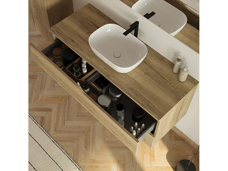 Meuble de salle de bain 120cm avec plateau et vasque à poser zeus - 2 tiroirs - sans miroir - madera miel (chêne clair) - LUNA