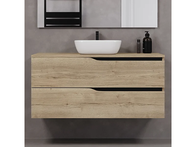 Meuble de salle de bain 120cm avec plateau et vasque à poser zeus - 2 tiroirs - sans miroir - madera miel (chêne clair) - LUNA