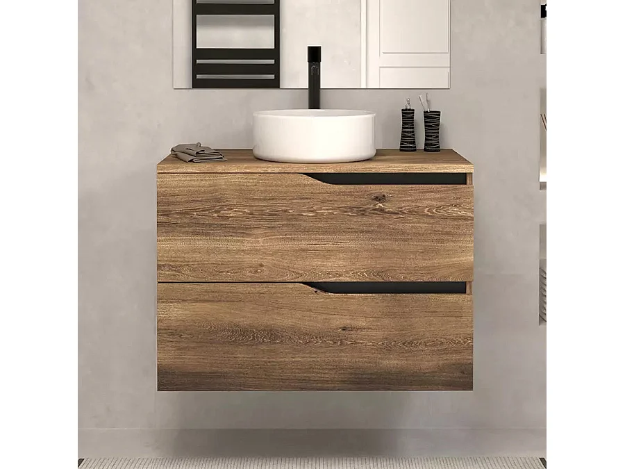 Meuble de salle de bain 60 avec plateau et vasque à poser - sans miroir - 2 tiroirs - tabaco (bois foncé) - LUNA