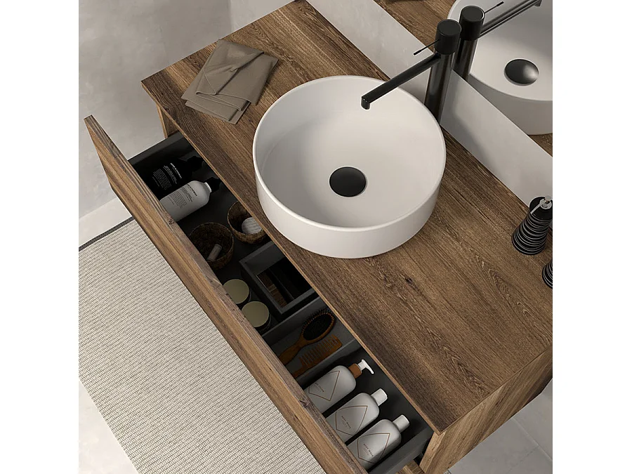 Meuble de salle de bain 60 avec plateau et vasque à poser - sans miroir - 2 tiroirs - tabaco (bois foncé) - LUNA