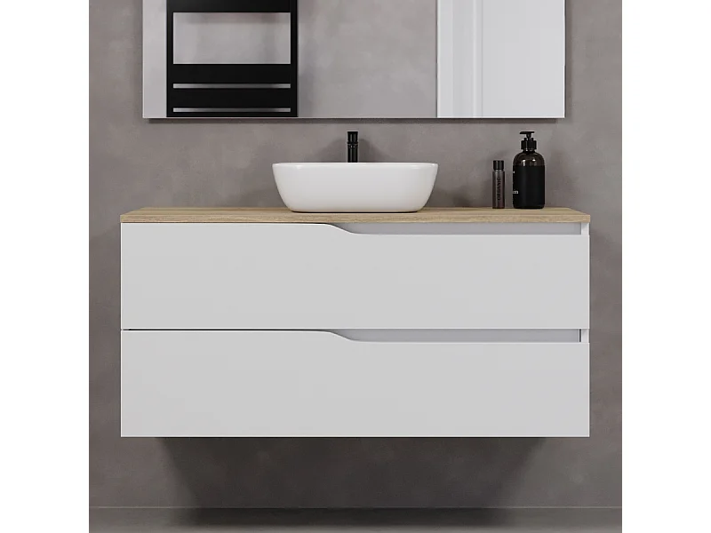 Meuble de salle de bain 120cm avec plateau miel et vasque à poser zeus - 2 tiroirs - sans miroir - blanc - LUNA