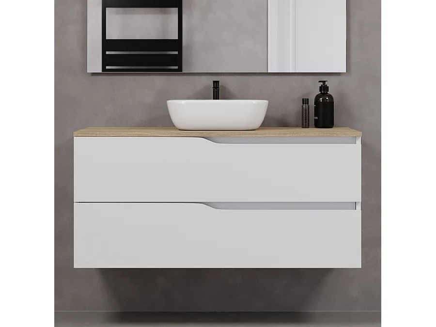 Meuble de salle de bain 120cm avec plateau miel et vasque à poser zeus - 2 tiroirs - sans miroir - blanc - LUNA